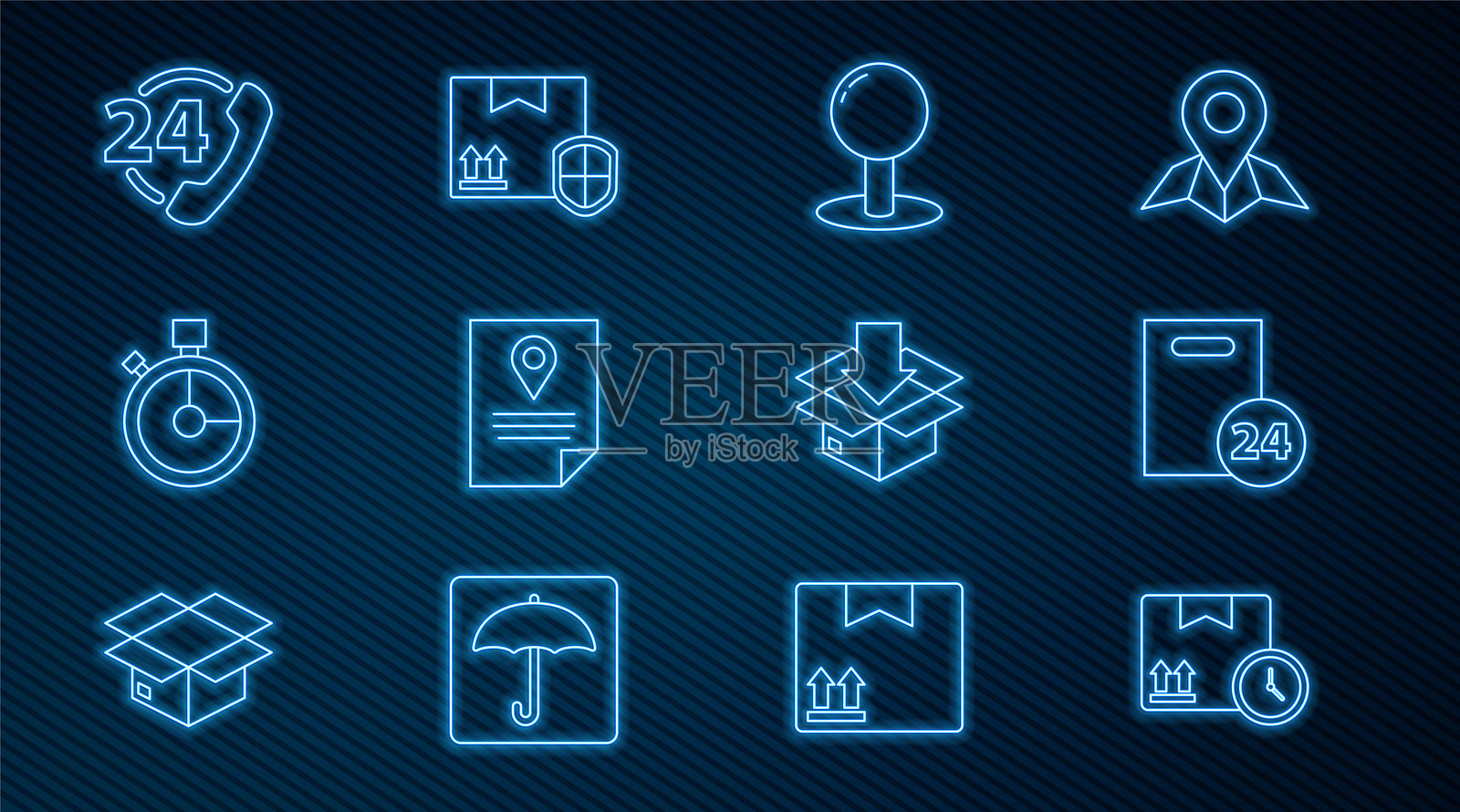 设置线条纸箱和快速时间,图钉,文件跟踪标记系统,快速交付,24小时电话支持,交通标志和包装安全保护盾图标。矢量图插画图片素材