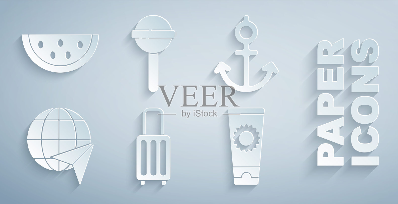 行李箱、锚、带飞行飞机的地球仪、防晒霜管、棒棒糖和西瓜图标。矢量图。插画图片素材