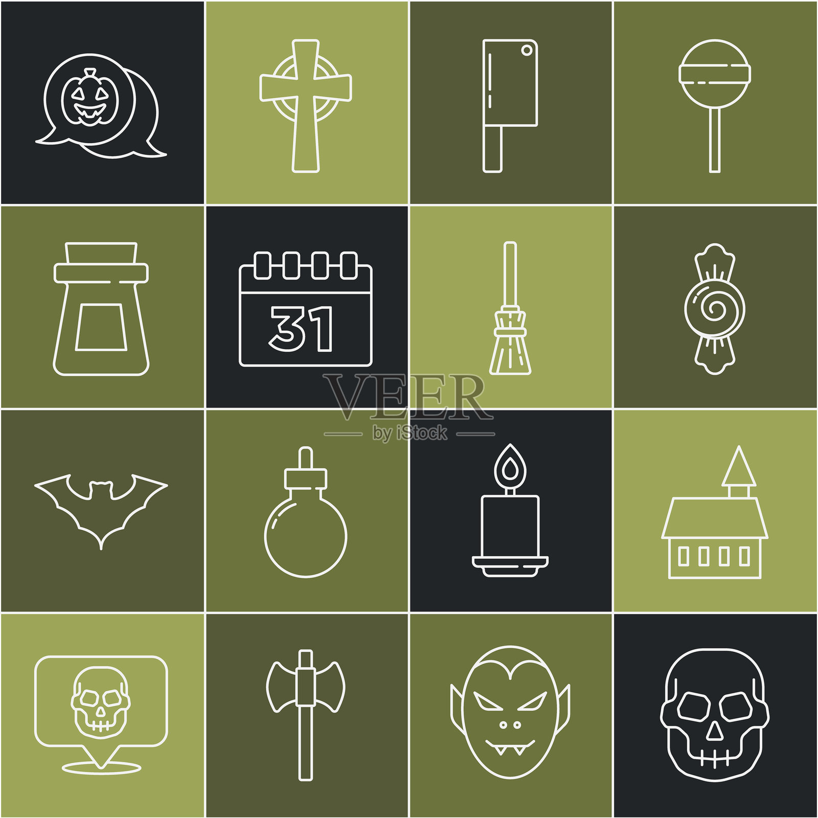 骷髅、城堡、糖果、肉切刀、万圣节日历、药水瓶、南瓜和女巫扫帚图标。矢量图。插画图片素材