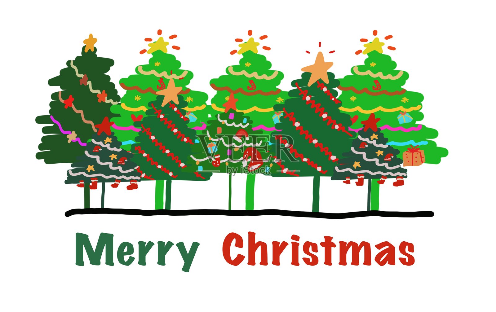 手绘的圣诞树图画和“圣诞快乐”文字。教育插图。概念,贺卡。节日庆祝活动。照片摄影图片