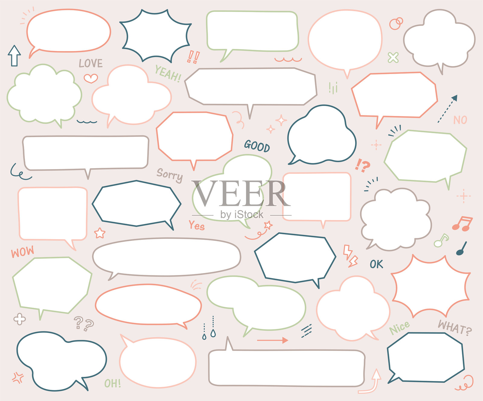 对话气泡和图标插图集 材料标题 装饰边框 对话气泡变体 装饰线插画图片素材