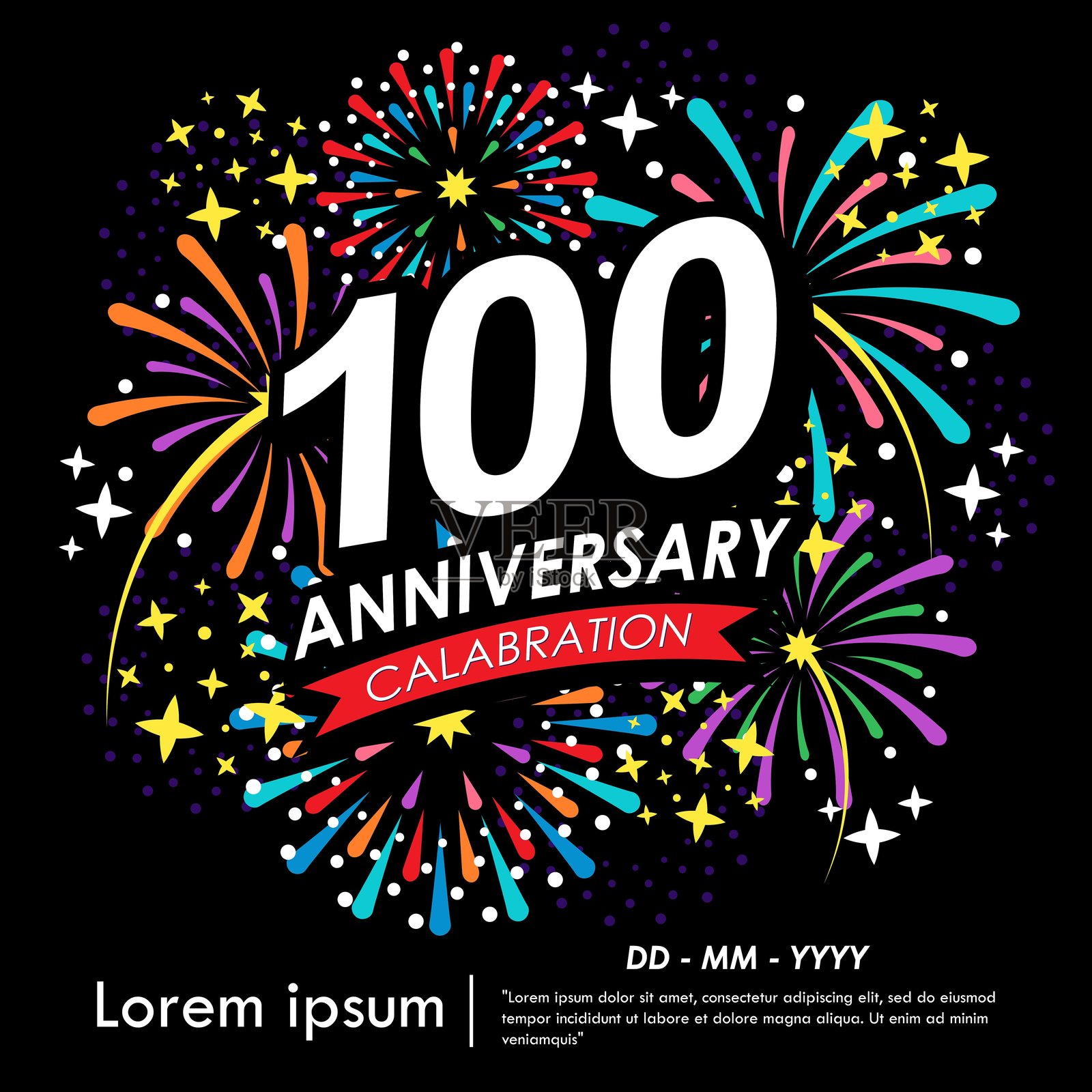百年纪念庆典徽章。周年纪念标志,背景为红色丝带和五彩缤纷的烟花闪烁。适用于网页、传单、海报、贺卡和邀请函的矢量插图设计模板。插画图片素材