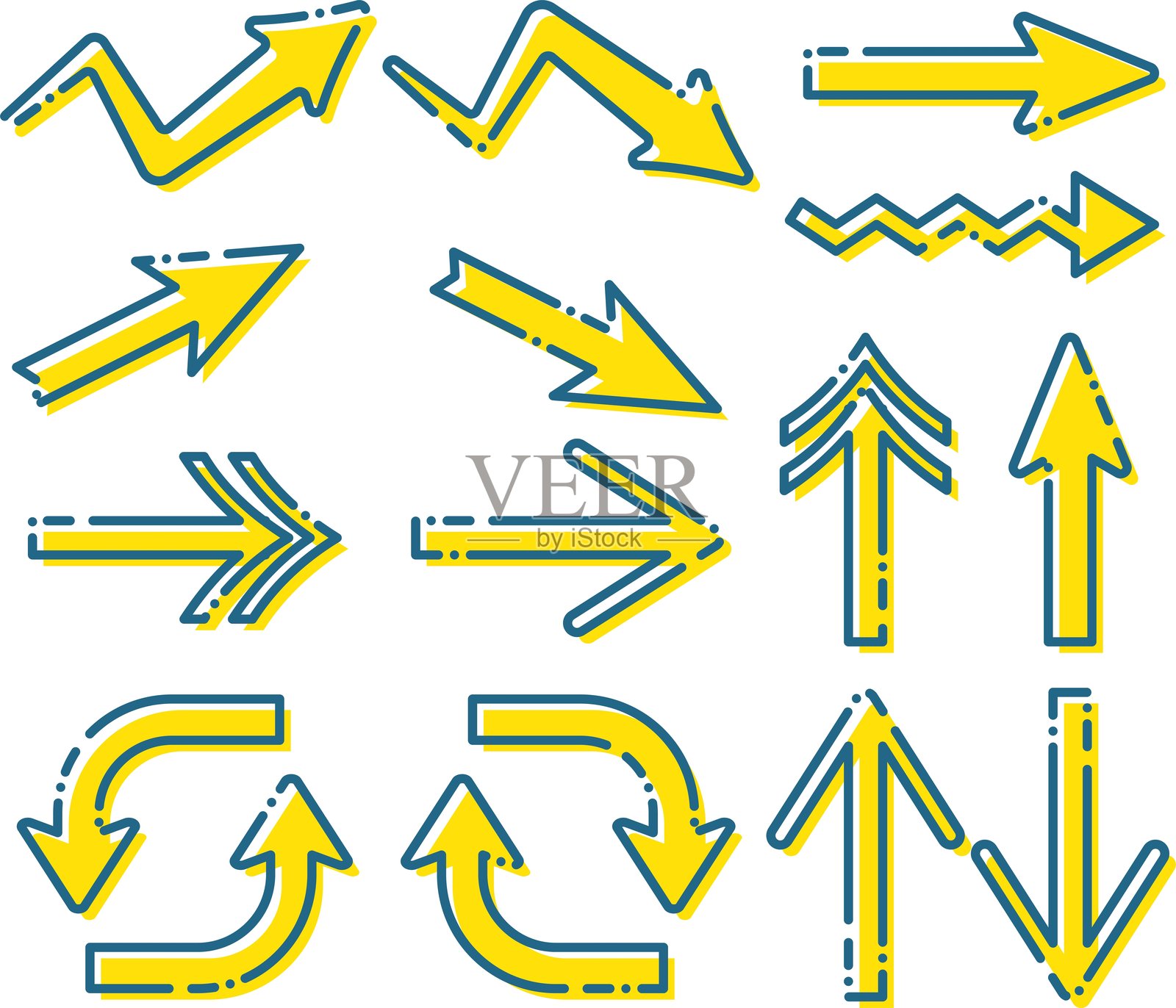 一组各种类型的黄色箭头与蓝色虚线 / 插图素材(矢量插图)插画图片素材