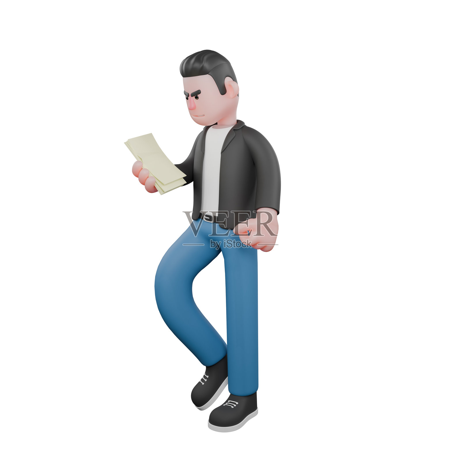 音乐家角色的3D模型。一位男性音乐家面向右侧,右腿微微弯曲,右手握着一张白纸。歌手风格。照片摄影图片