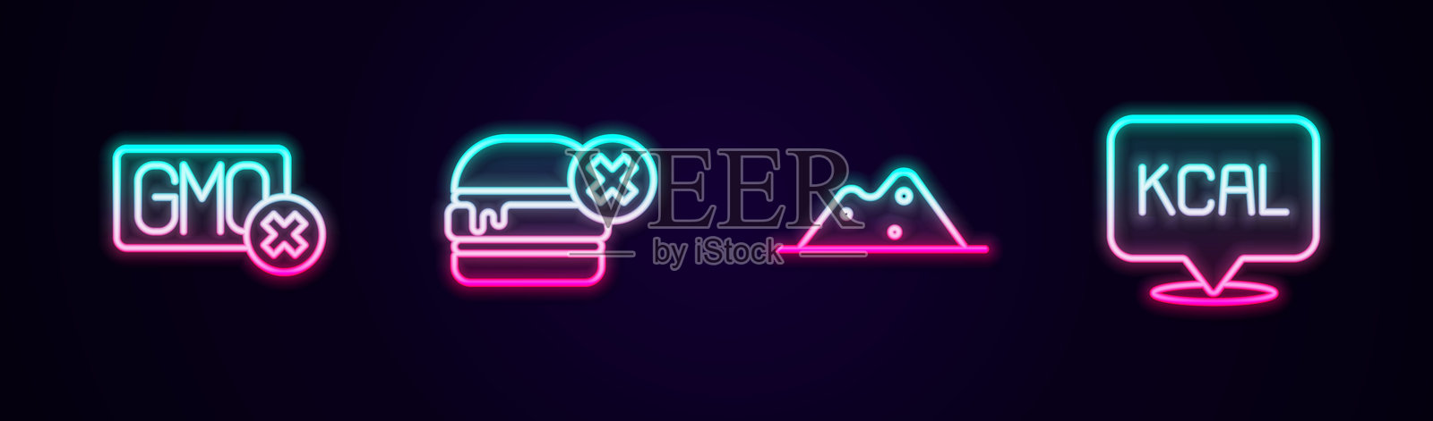 无转基因标志,汉堡,盐和卡路里。发光霓虹图标。矢量图。插画图片素材