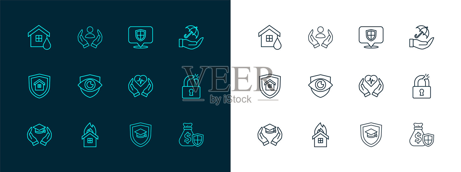 手持伞,燃烧的房屋,寿险,带盾牌的毕业帽,盾牌眼睛,位置,房屋洪水和图标。矢量图插画图片素材