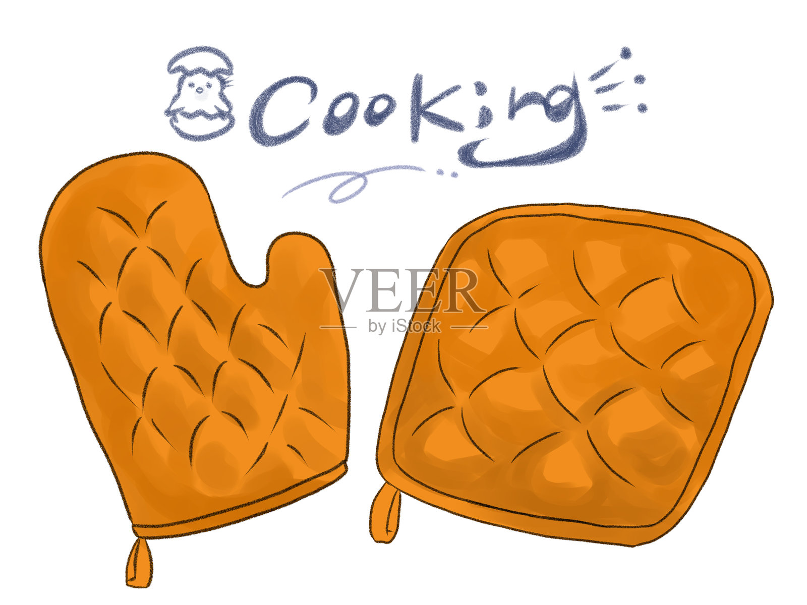 这是一个包含手套和锅垫的烹饪套件插图。照片摄影图片