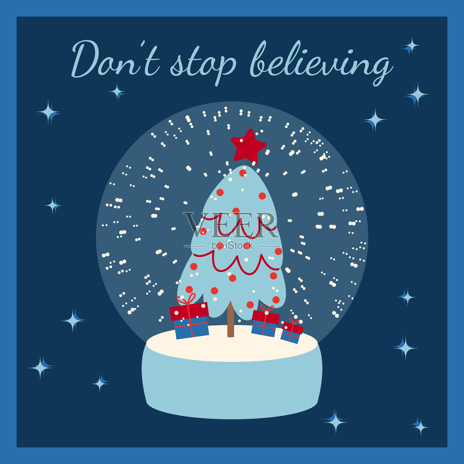 圣诞雪球,里面有树和礼物。深蓝色背景上的矢量插图,适用于明信片、海报、邀请函和传单。插画图片素材