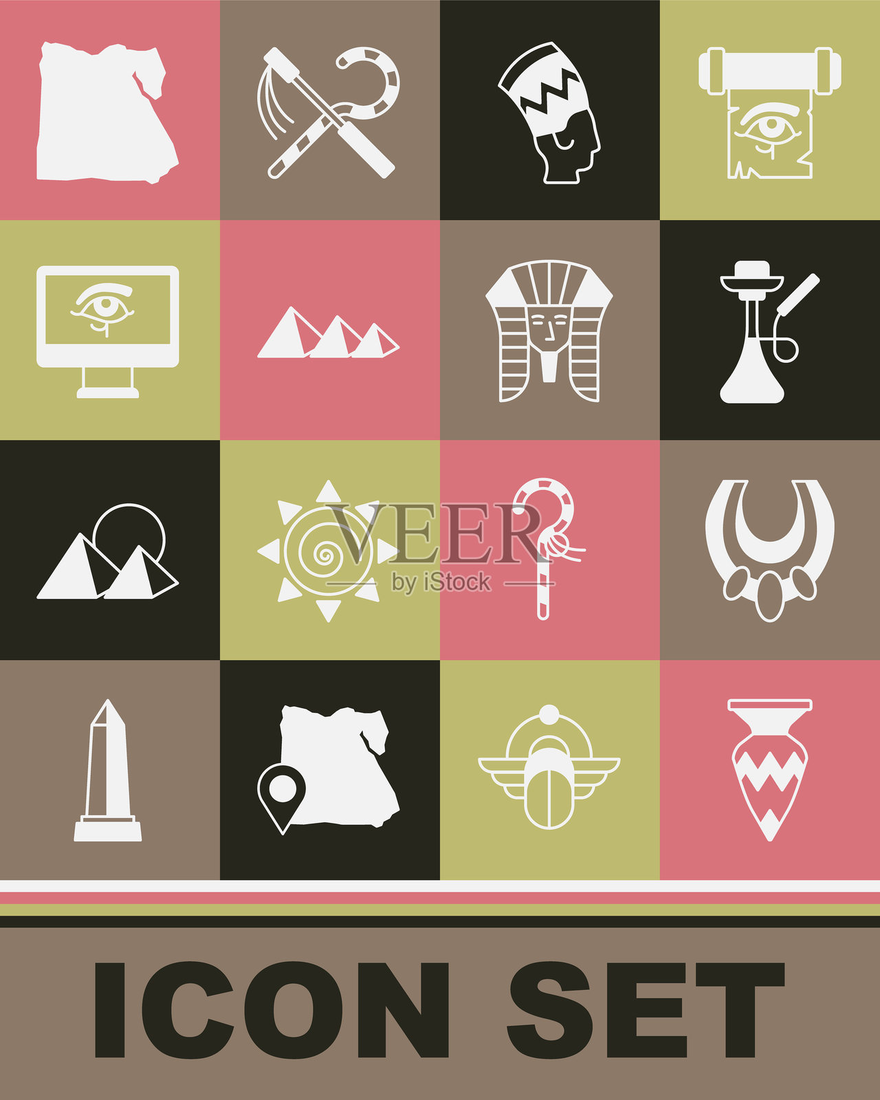 埃及花瓶、项链、水烟壶、奈菲尔提蒂、金字塔、荷鲁斯之眼、显示器上的地图和法老图标。矢量图。插画图片素材