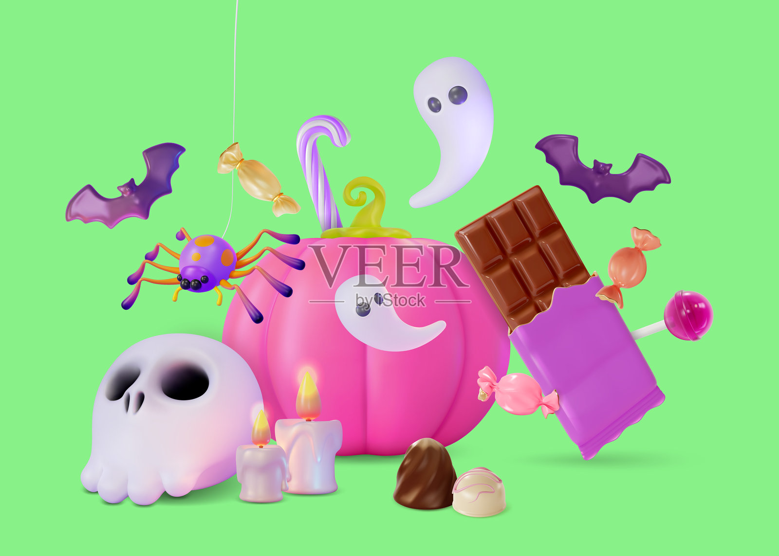 3D快乐万圣节“不给糖就捣蛋”概念卡通设计风格。矢量图。插画图片素材