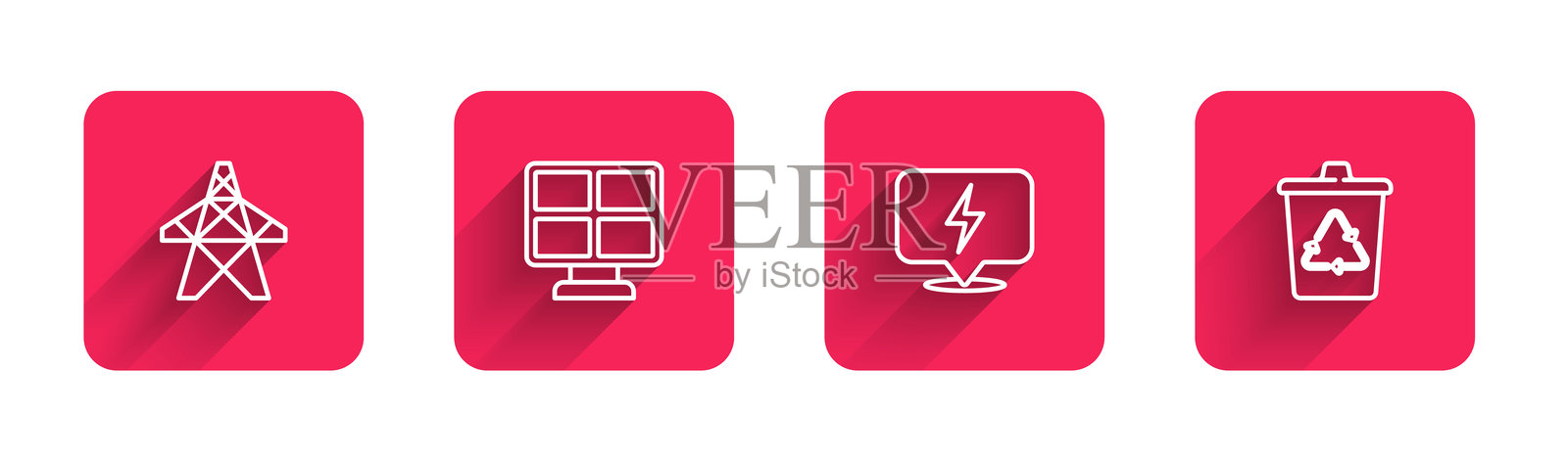 电线塔、太阳能面板、闪电和带长阴影的回收箱。红色方形按钮。矢量图。插画图片素材