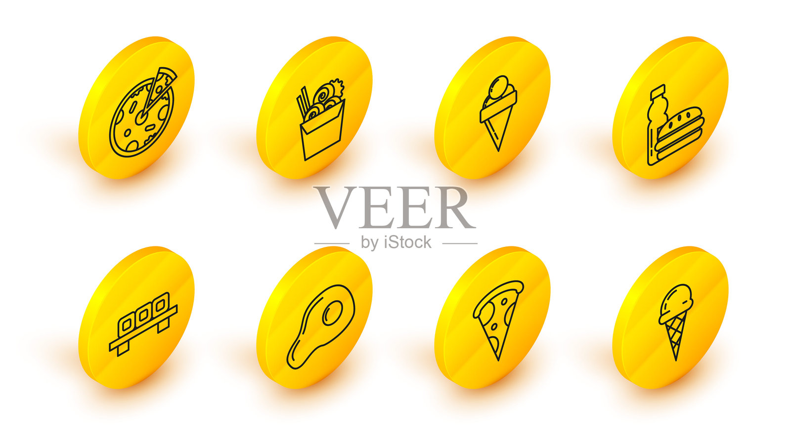 冰淇淋华夫筒,披萨片,炒鸡蛋,寿司切板,水瓶和汉堡,亚洲面条纸盒筷子和披萨图标。矢量图。插画图片素材