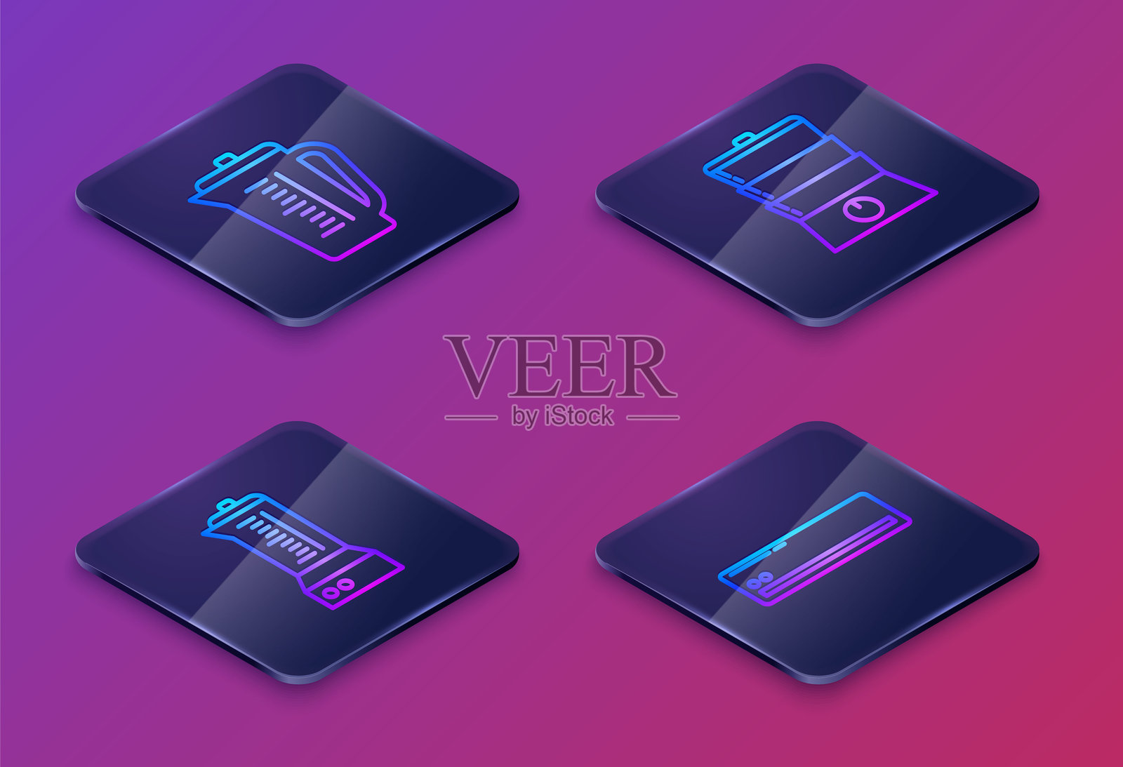 等距线测量杯、搅拌机、双层锅和空调。蓝色方形按钮。矢量图。插画图片素材