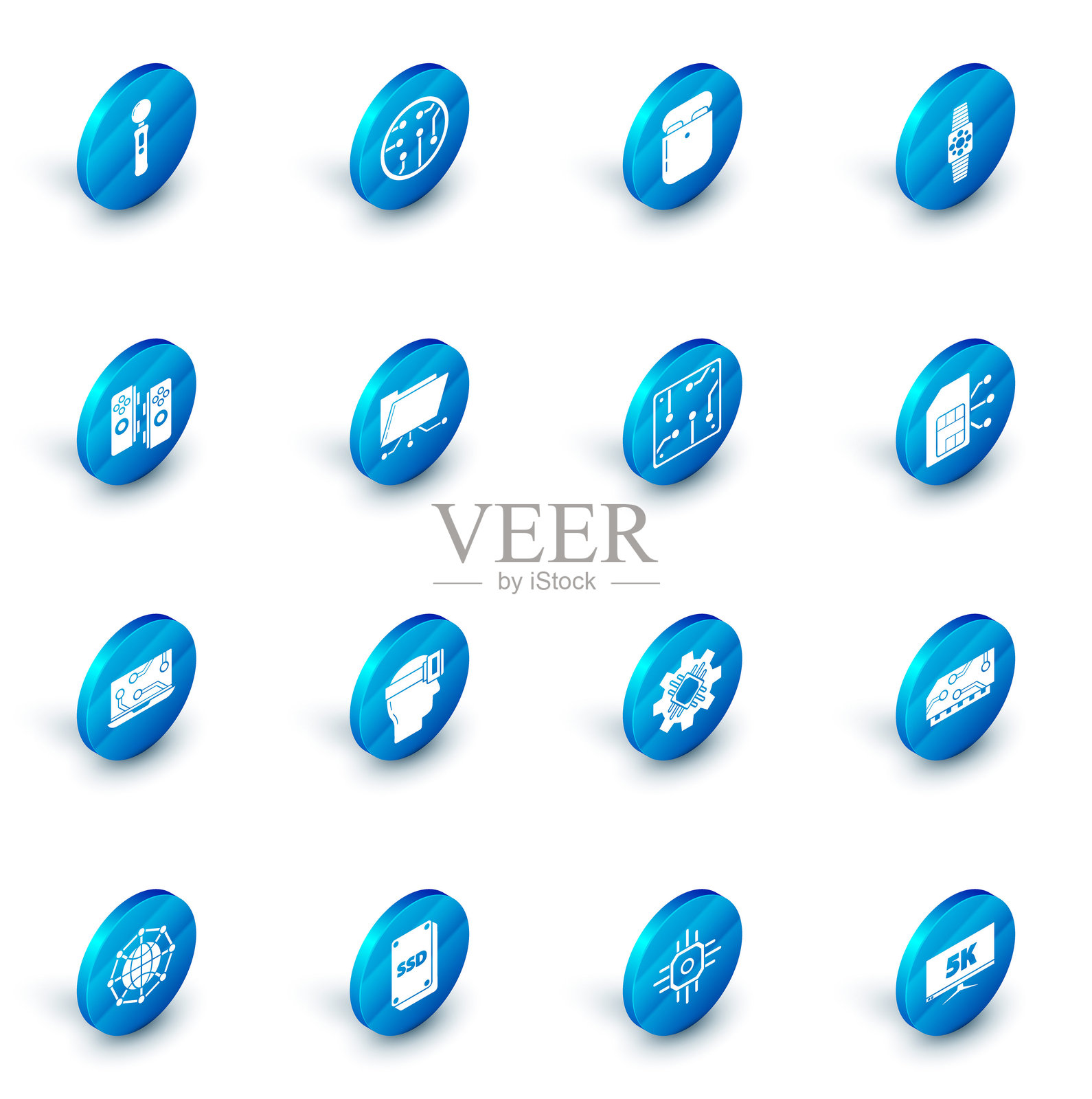 处理器、盒装无线耳机、智能手表、游戏手柄、笔记本电脑、文件夹和锁、SIM卡及图标。矢量图。插画图片素材