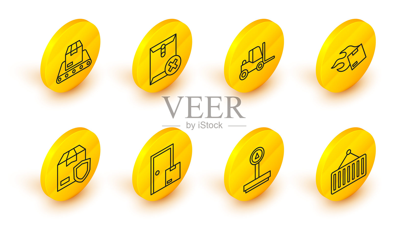 起重机上的线性容器,秤,送货上门服务,带盾牌的送货安全,纸箱,叉车,删除信封和输送带图标。矢量图。插画图片素材