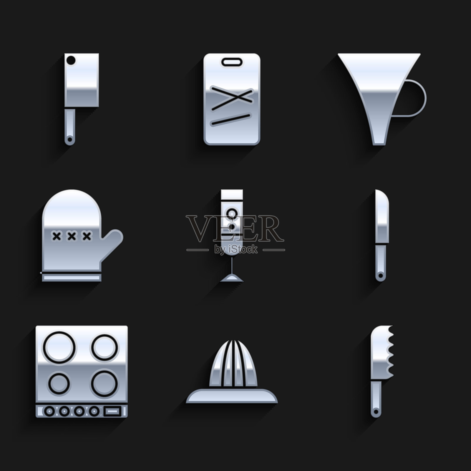 设置搅拌机、柑橘水果榨汁机、面包刀、刀具、燃气灶、烤箱手套、漏斗或过滤器以及肉类切割器图标。矢量图。插画图片素材