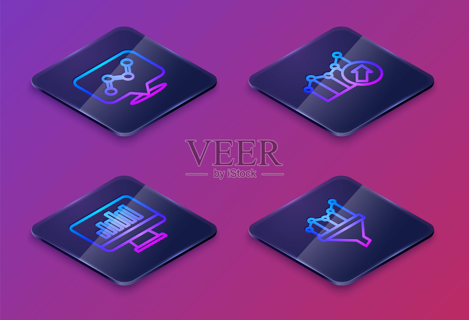 等距线图表信息图,显示财务增长和销售漏斗的监视器。蓝色方形按钮。矢量图。插画图片素材