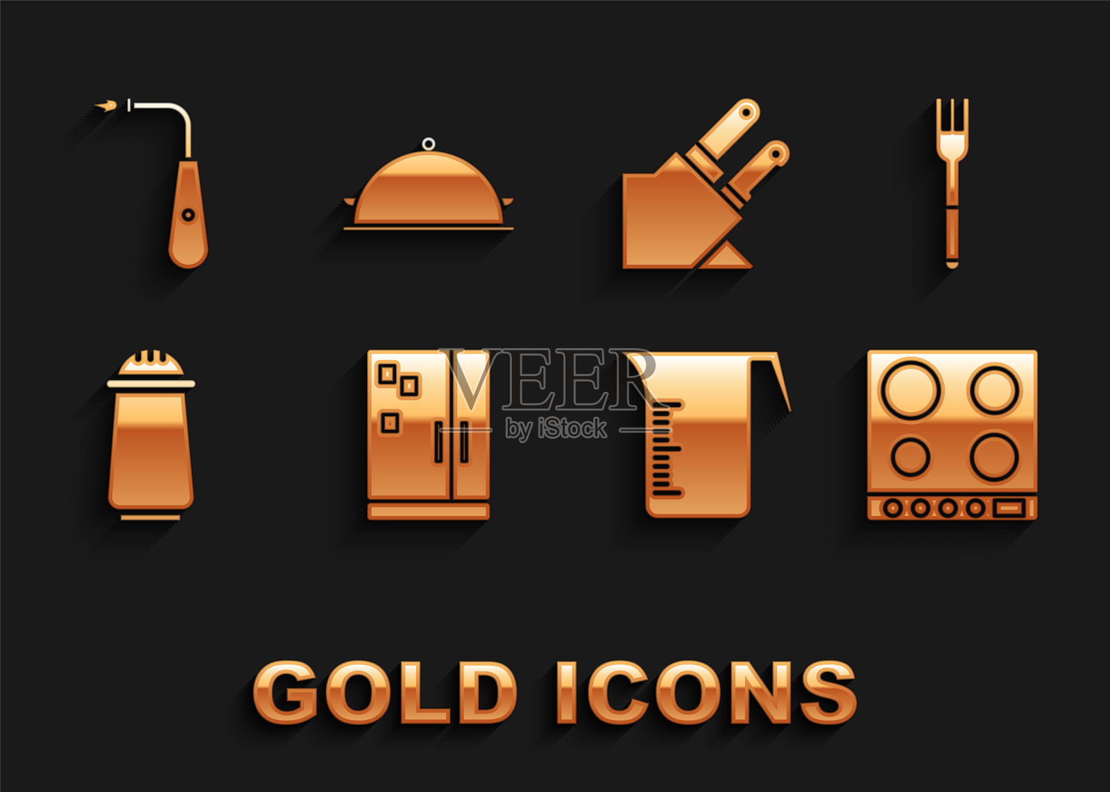 冰箱、叉子、燃气灶、量杯、盐和胡椒、刀、长电点火器和覆盖着食物托盘的图标。矢量图。插画图片素材