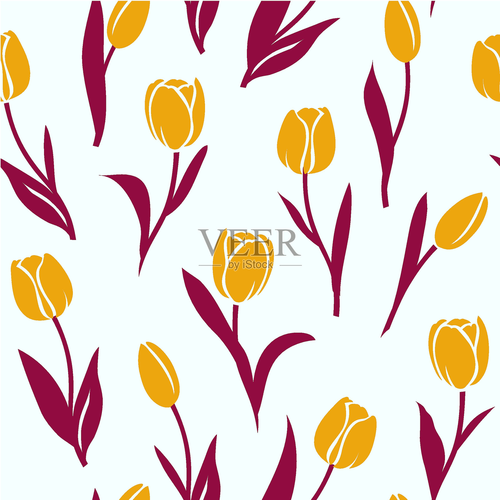 白色背景上的黄色郁金香和叶子轮廓无缝图案。母亲节快乐设计模板,适用于包装或面料。抽象花卉壁纸。插画图片素材