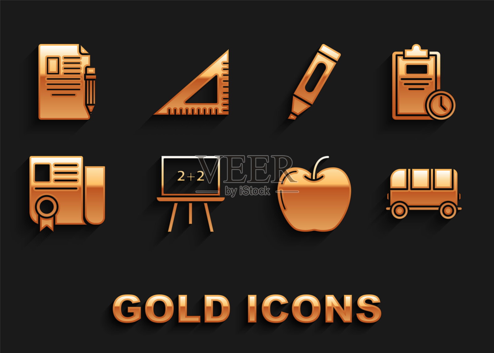 黑板、考试试卷与时钟、校车、苹果、证书模板、马克笔、铅笔橡皮和三角尺图标。矢量图。插画图片素材