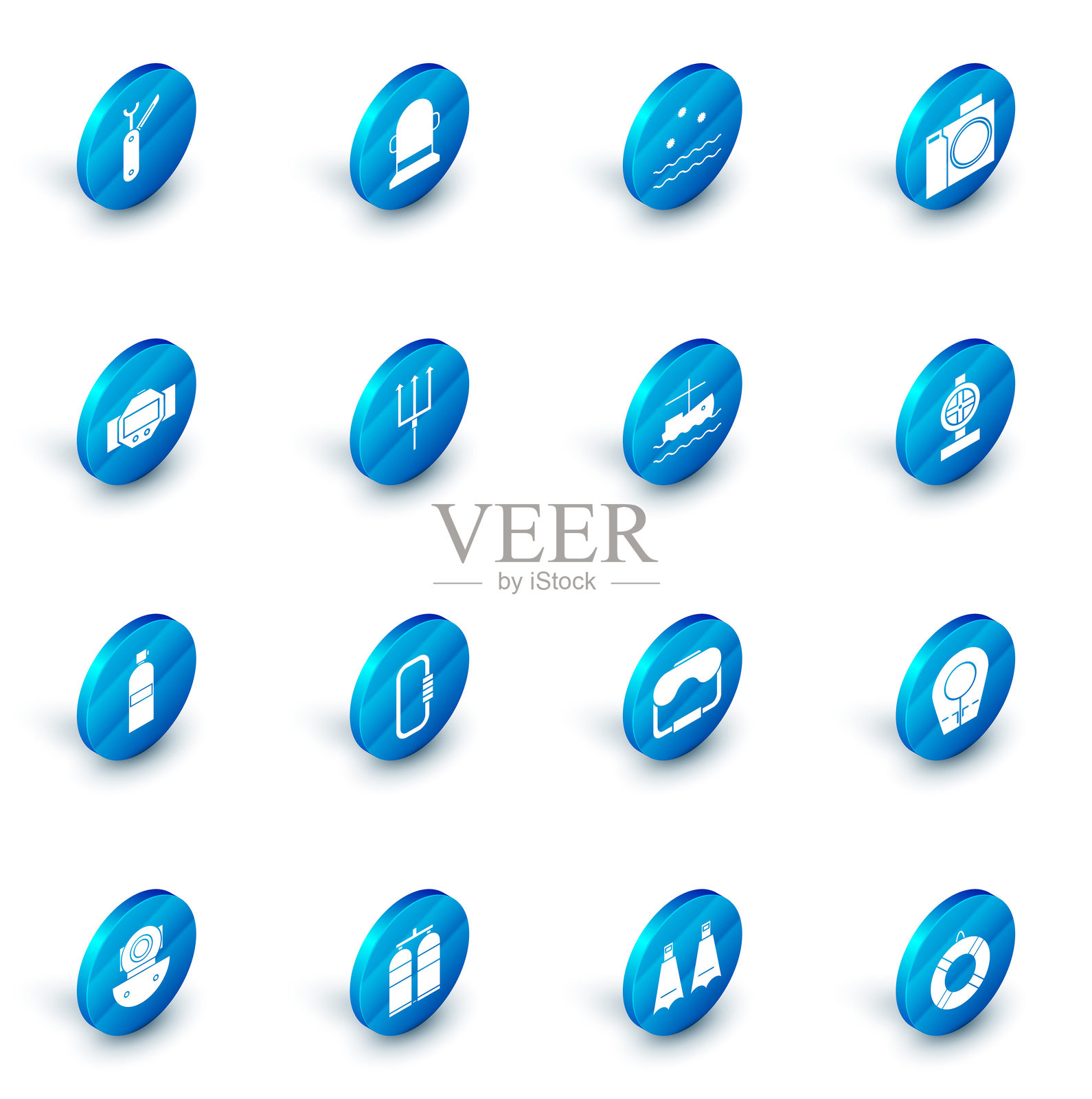 浮标、寒冷和波浪、潜水员的相机、潜水表、呼吸器、海王星三叉戟、工业金属管道阀门和水上渔船图标。矢量图。插画图片素材