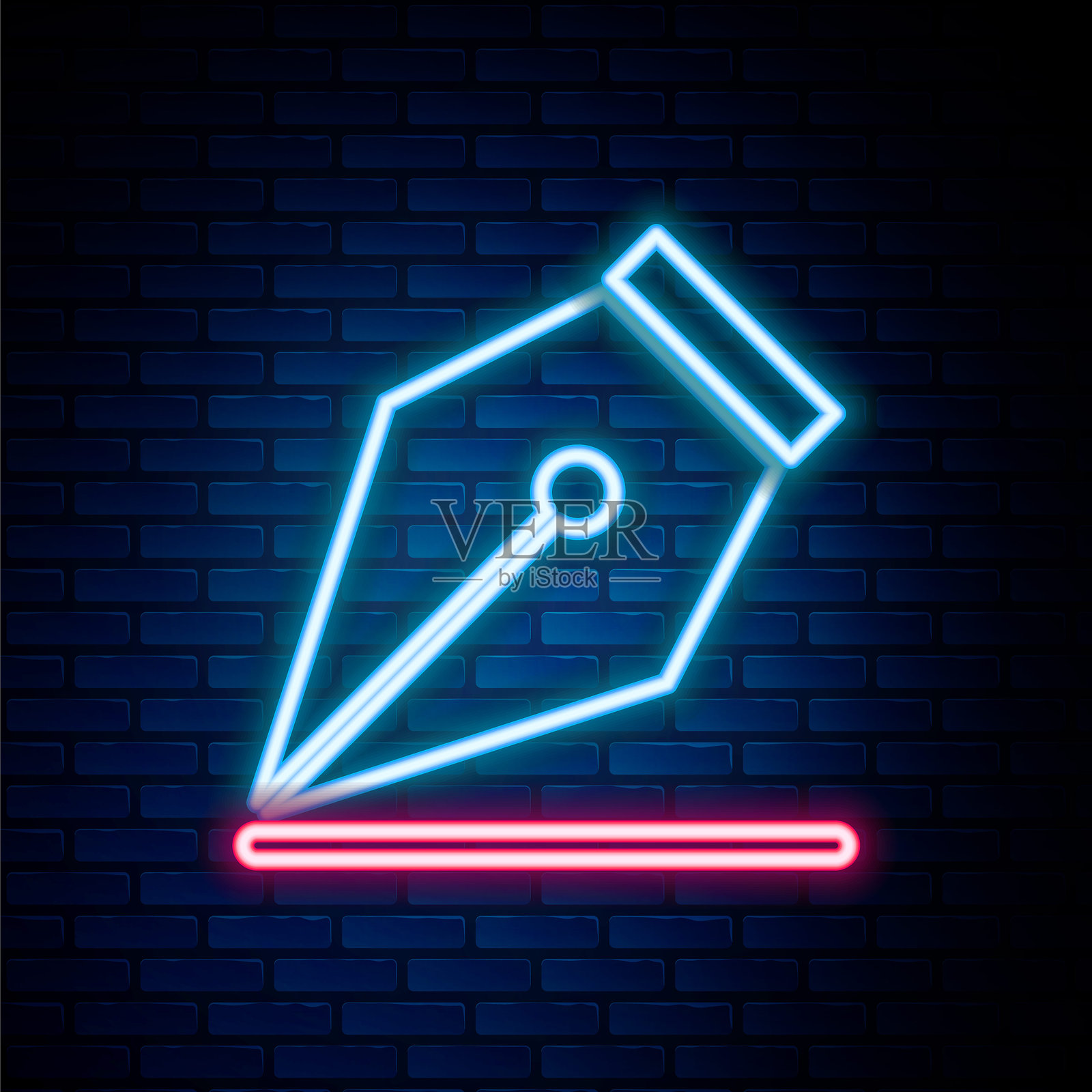 发光的霓虹线条钢笔笔尖图标,背景为砖墙。笔工具标志。彩色轮廓概念。矢量图。插画图片素材