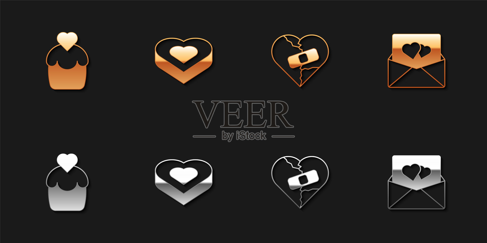 婚礼蛋糕、心形糖果盒、愈合的破碎或离婚、带有情人节图标的信封。矢量图。插画图片素材