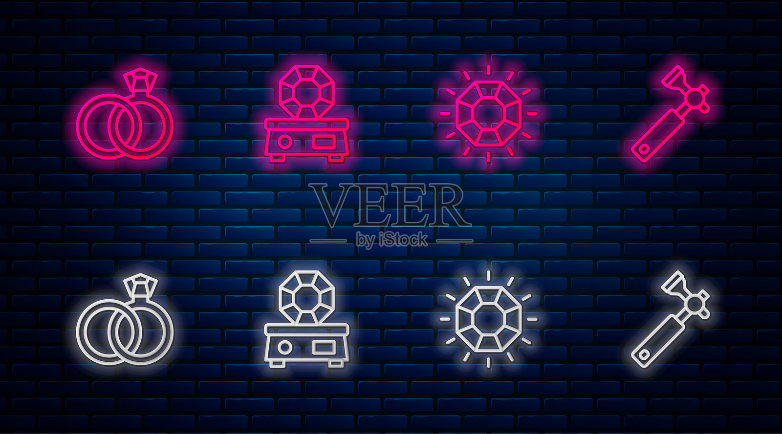 宝石、钻石、婚戒和珠宝放大镜的线条图标。砖墙上的发光霓虹图标。矢量图。插画图片素材