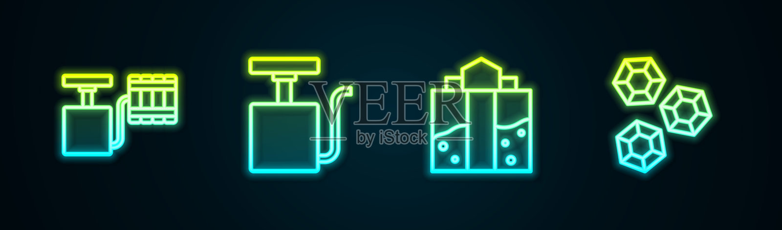 设置线条手柄引爆器,矿井入口和宝石。发光霓虹图标。矢量图。插画图片素材