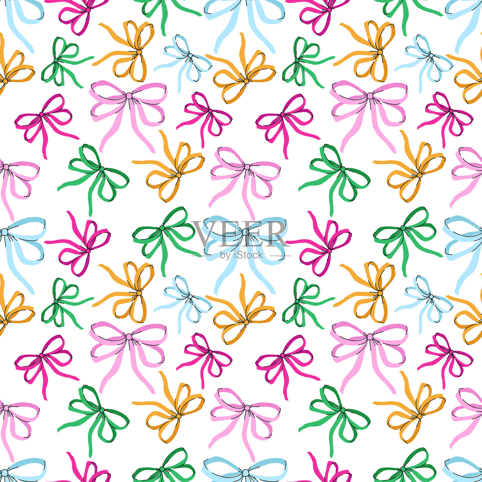 各种色彩缤纷的卡通礼物蝴蝶结无缝图案插画图片素材