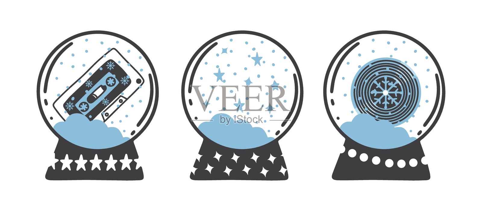 复古圣诞雪花球套装。涂鸦矢量插图。节日元素。插画图片素材