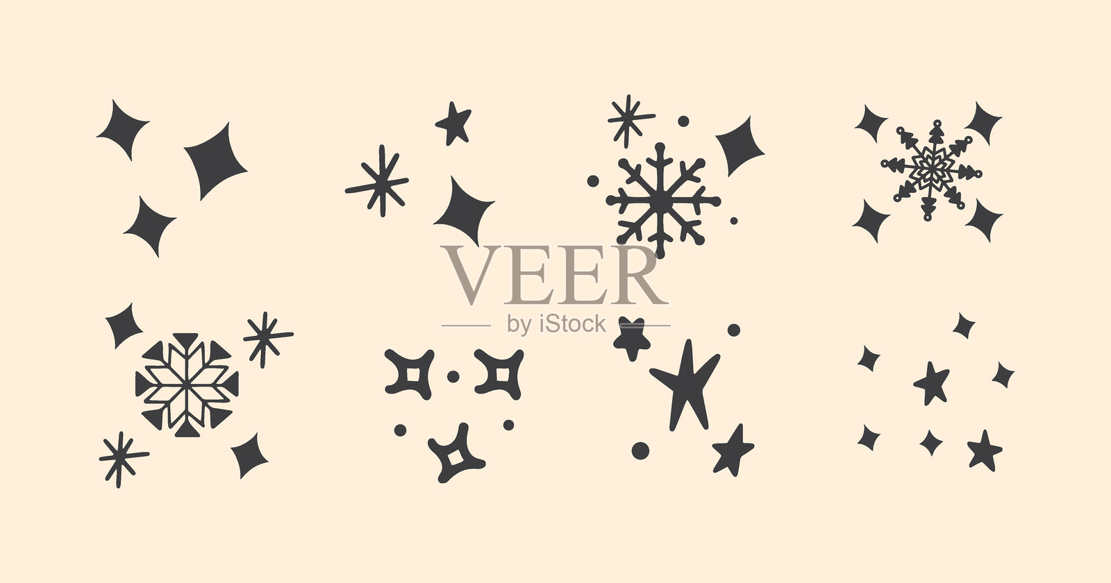 手绘圣诞元素,包括雪、星星和雪花。涂鸦风格的矢量元素。插画图片素材