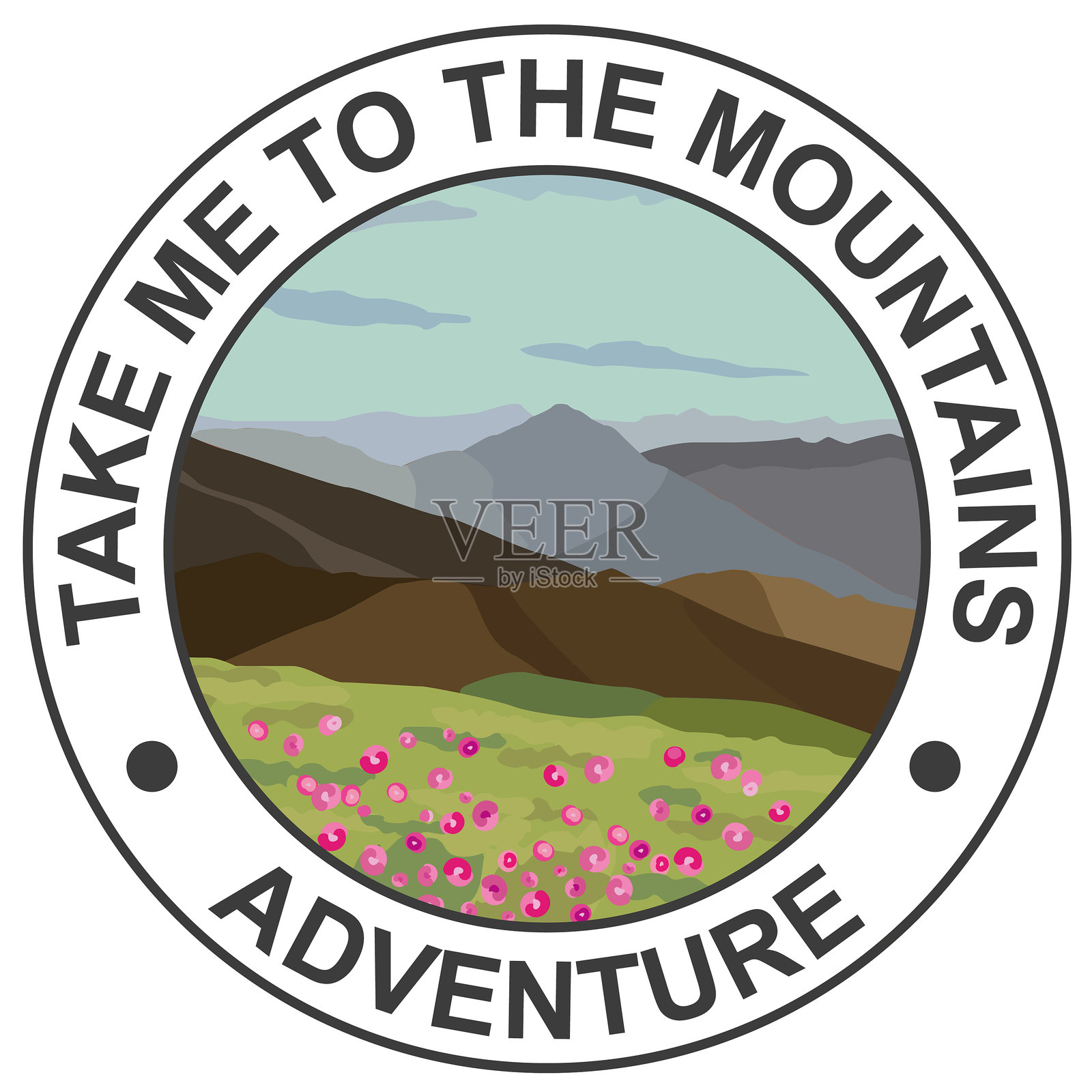 圆形徽章与山地风景。插画图片素材