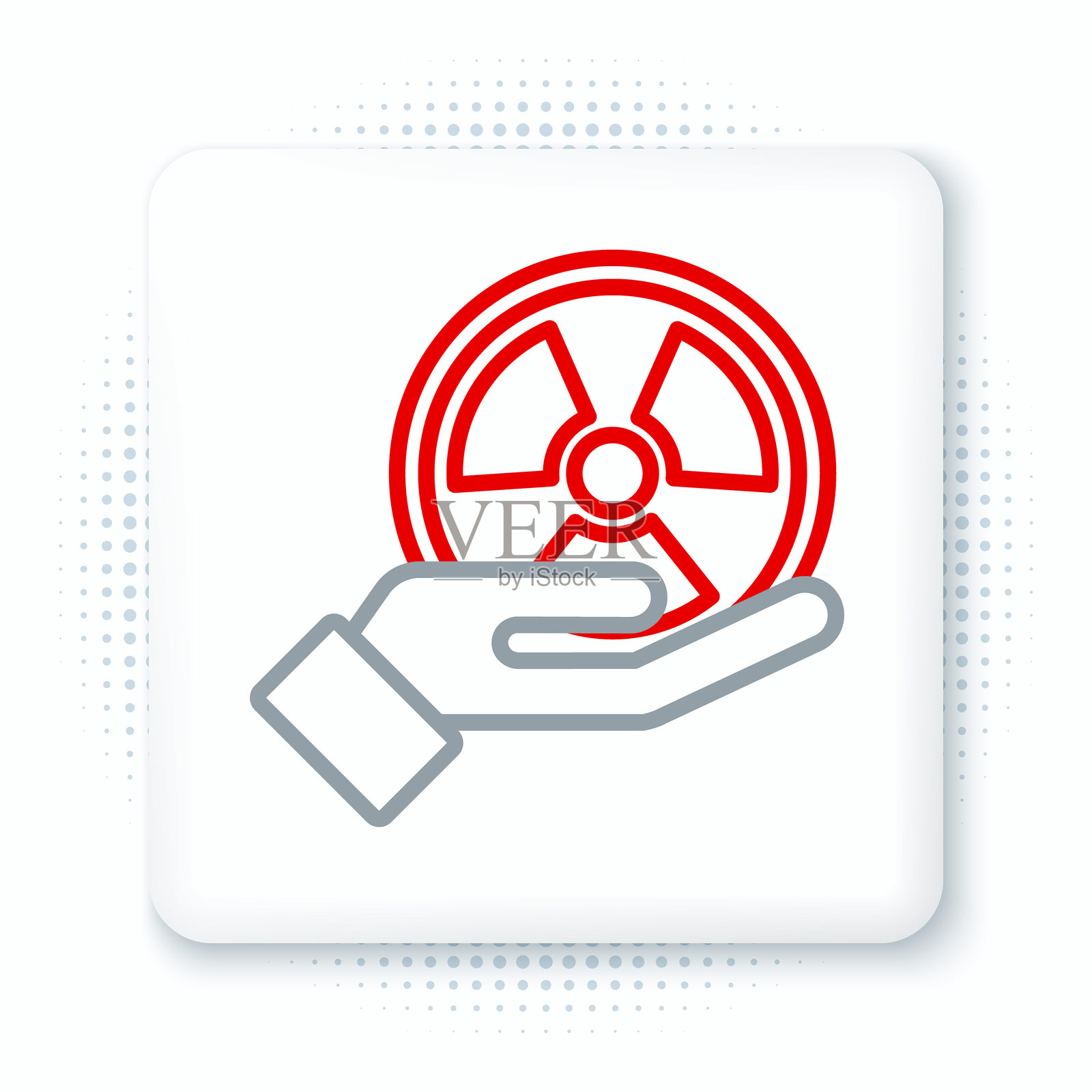 手持放射性标志图标,线条风格,背景为白色。放射性有毒符号,辐射危险标志。彩色轮廓概念。矢量图。插画图片素材