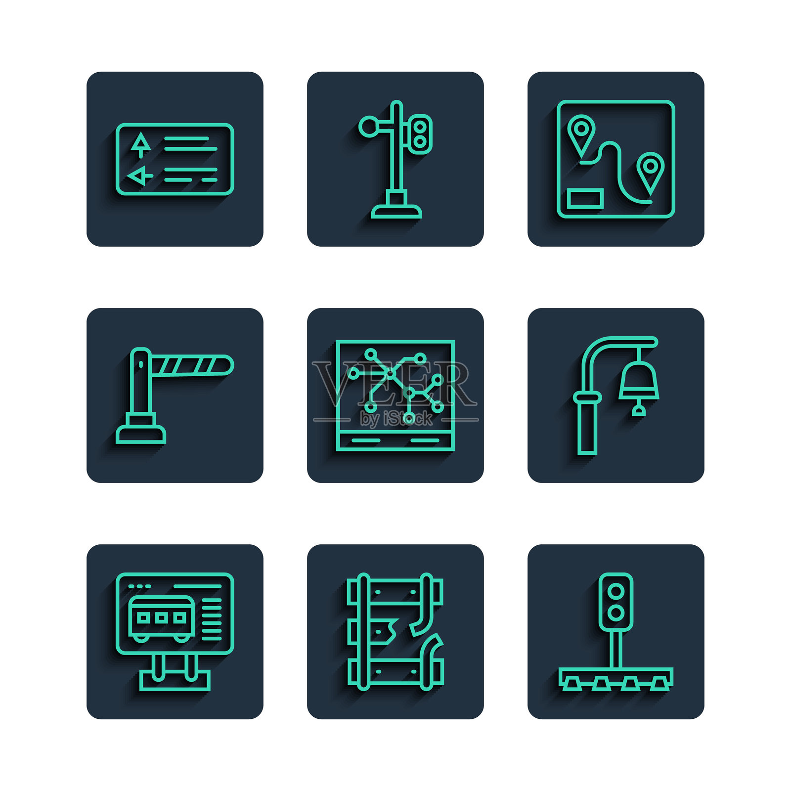 售票处购票,铁路上的断轨,列车交通信号灯,路线位置,铁路地图,障碍物,路标和车站铃铛图标。矢量图。插画图片素材