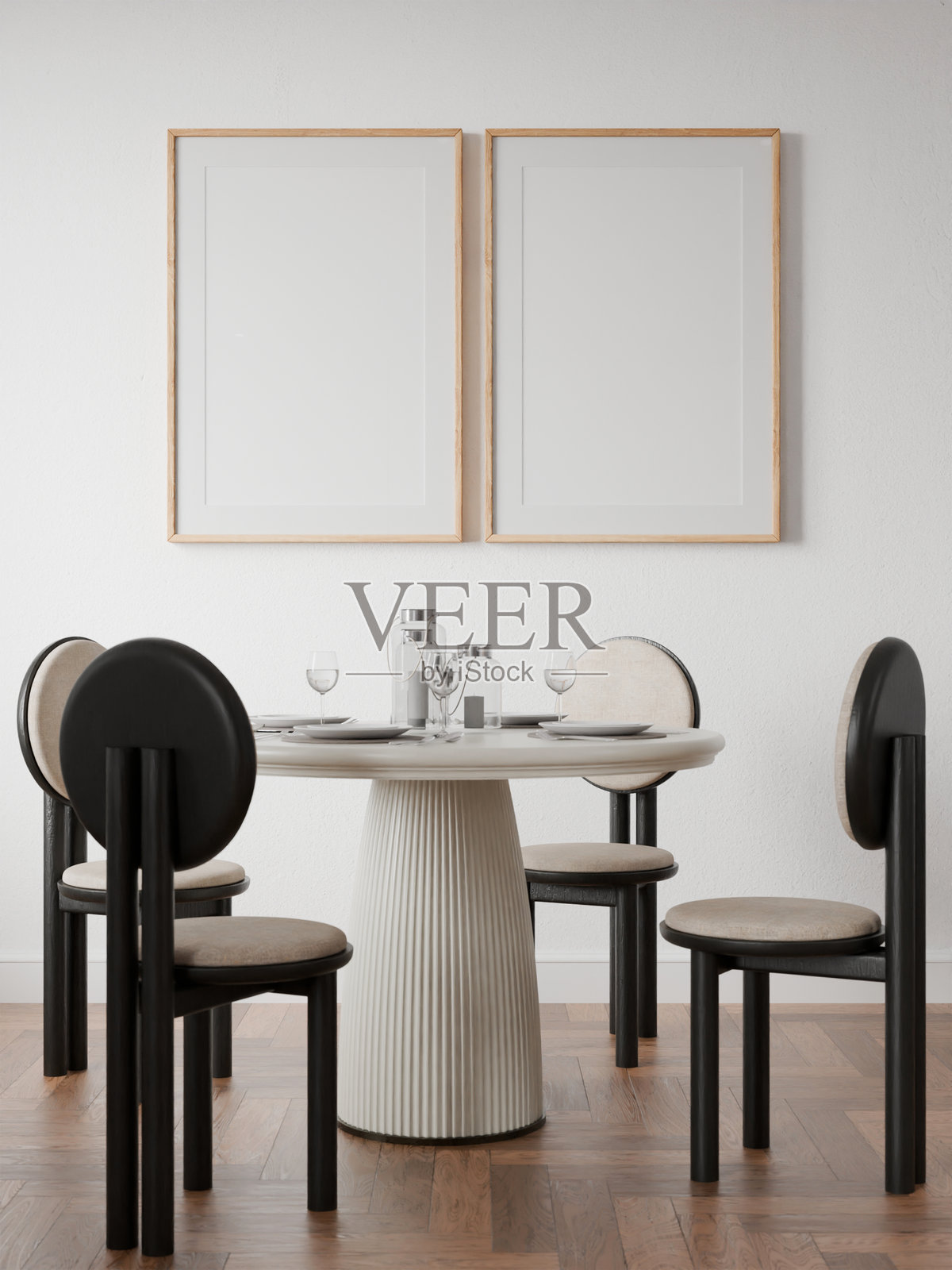 室内画框,样板框,海报木质双框,空旷的室内餐桌,舒适的家居房间,3D渲染插图照片摄影图片