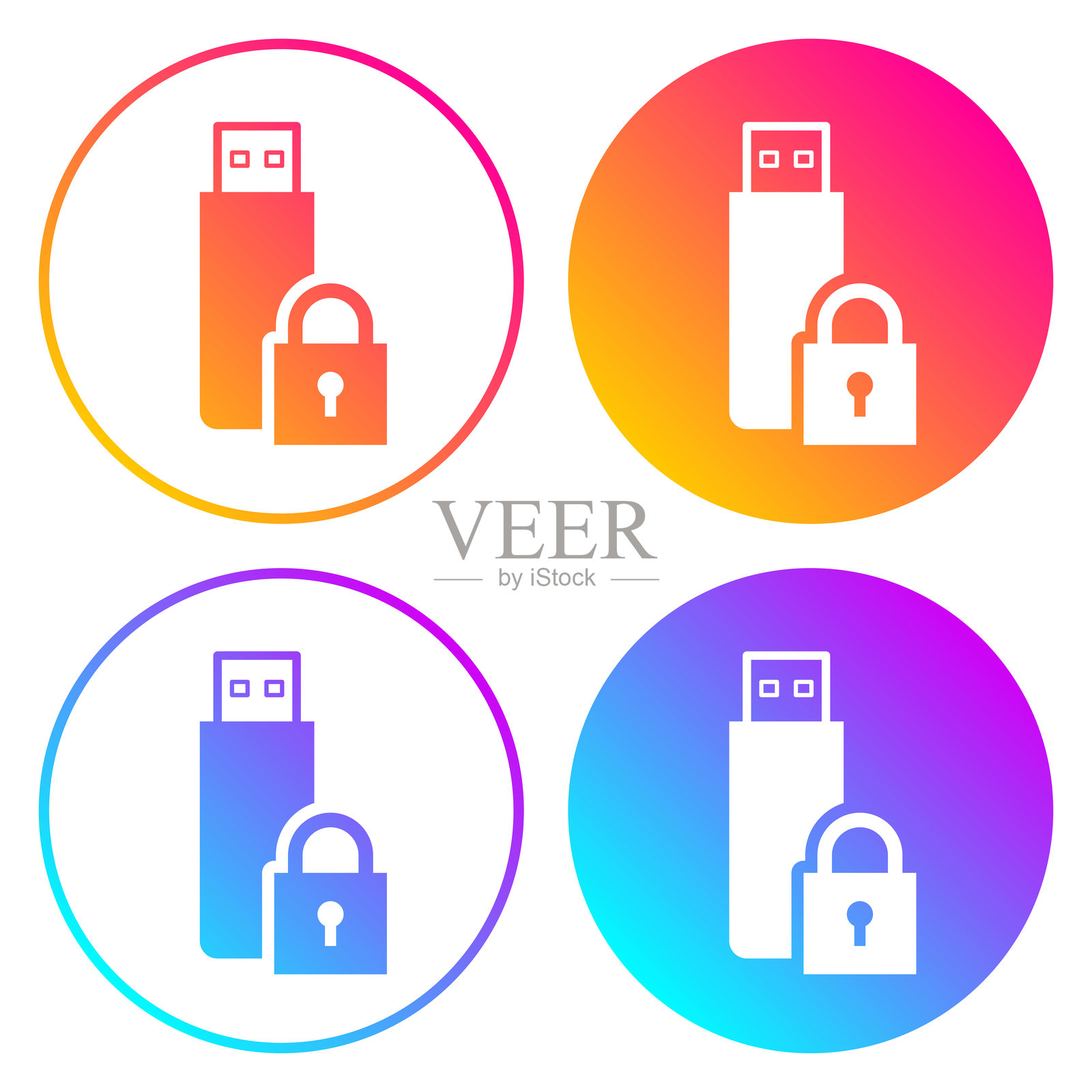 带锁的USB闪存驱动器。带有颜色渐变的圆形图标插画图片素材