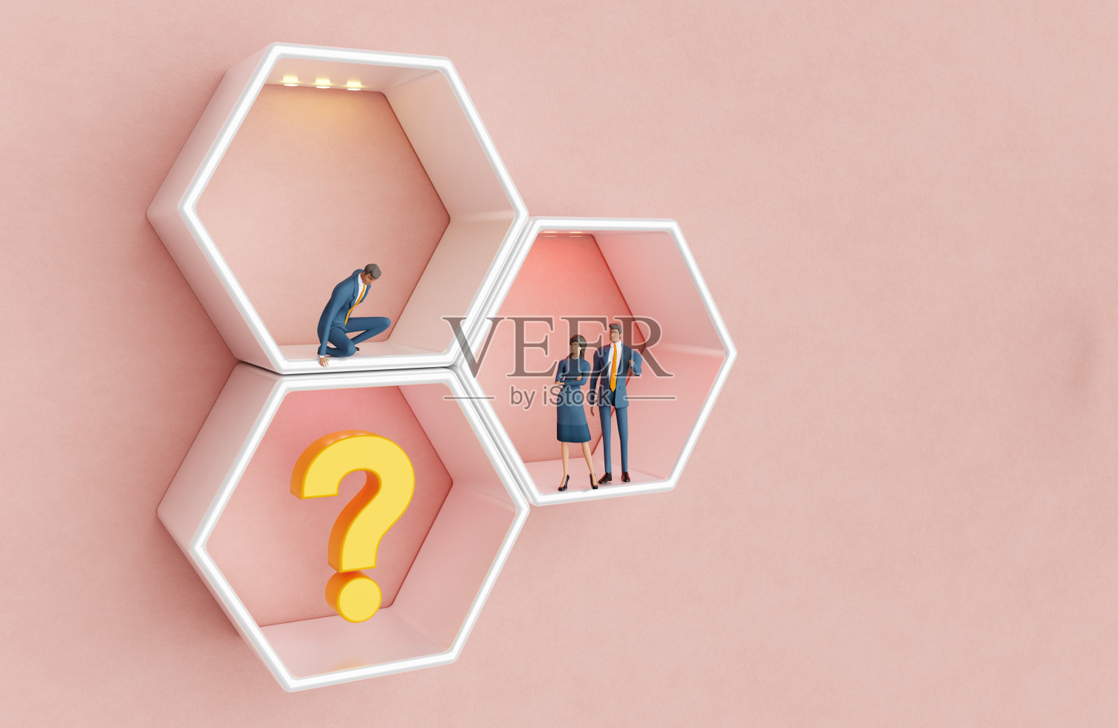 商业单位作为整体业务的独立部分运作。商业人员在六边形单元中工作。商业概念的3D渲染插图。照片摄影图片