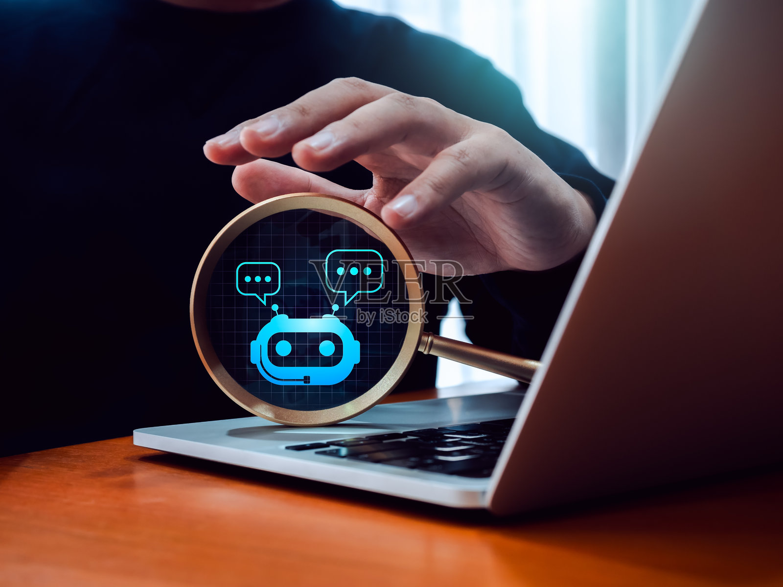 AI搜索引擎优化工具,在线技术概念的SEO数据服务。网络网格上的AI聊天机器人图标,放大镜聚焦于商人手中的笔记本电脑。照片摄影图片