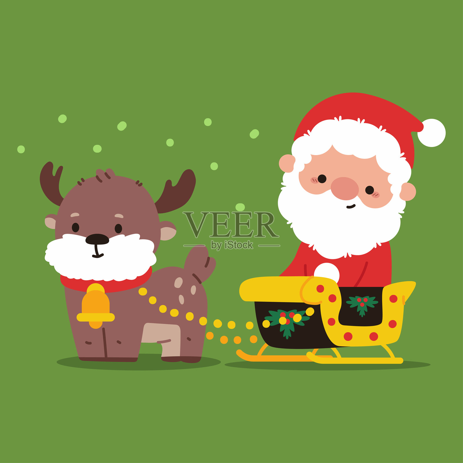 可爱的圣诞老人坐在雪橇上,旁边有驯鹿的矢量卡通角色。插画图片素材