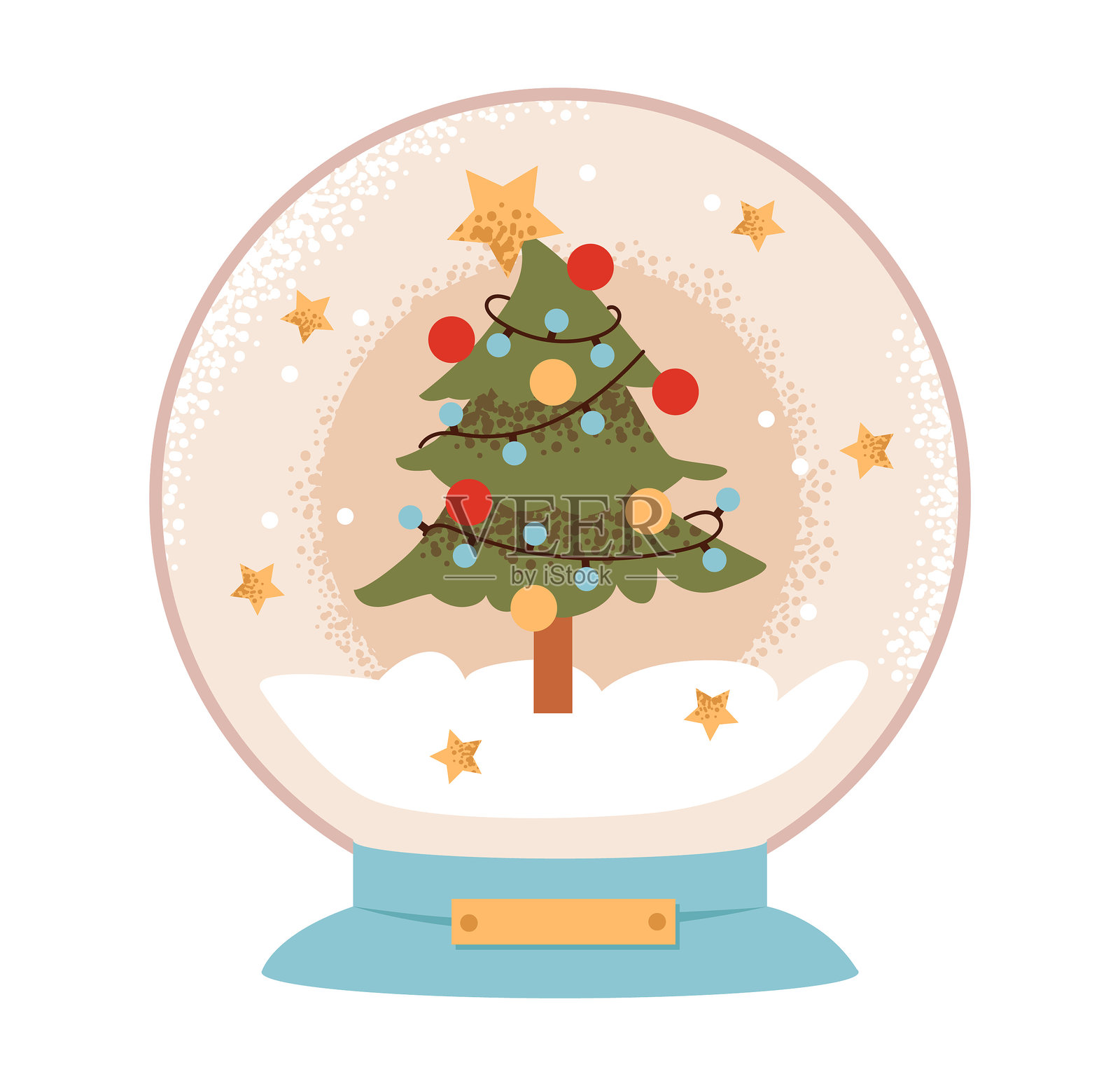 节日气氛的圣诞雪球,里面有装饰好的常青树和闪闪发光的细节。扁平矢量插图。插画图片素材