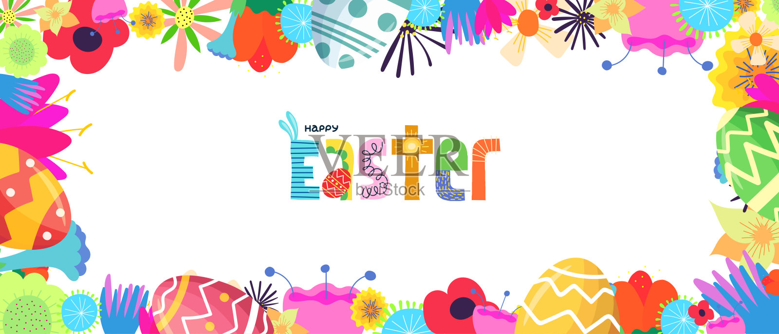 复活节快乐假日派对或促销横幅。传统的春季宗教逾越节庆祝活动,花卉和鸡蛋。明亮的花卉节日现代框架。色彩缤纷的逾越节字母设计。插画图片素材