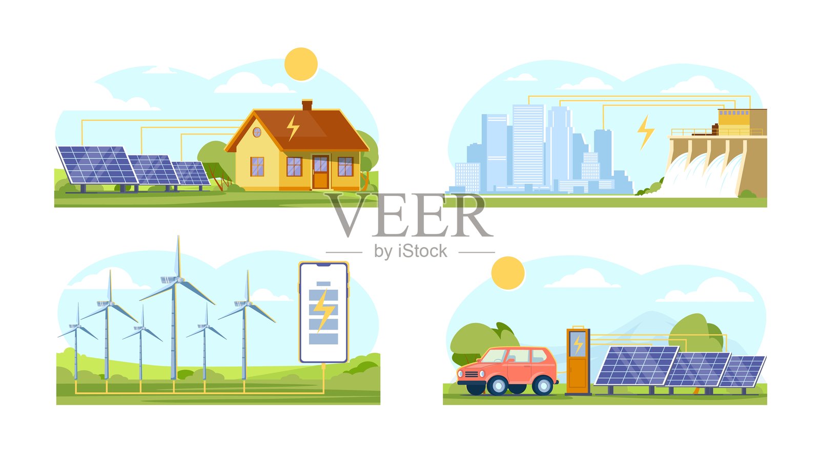替代能源场景。太阳能、风能、水能的产生。环保技术。可再生和可持续电力生产。电动发电机矢量图集。插画图片素材