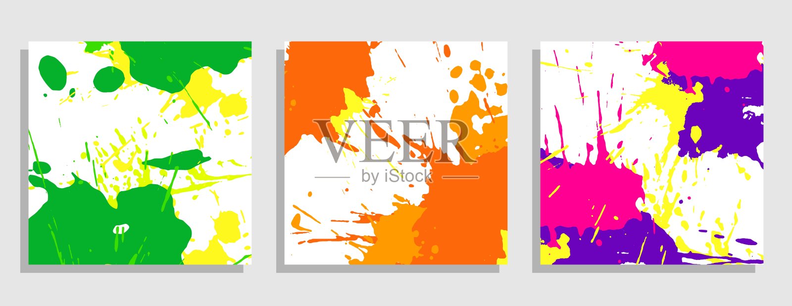 一组带有明亮颜料飞溅和污渍的方形模板。用于装饰的颜料滴和刷子笔触的集合。白色背景上的孤立矢量图。插画图片素材