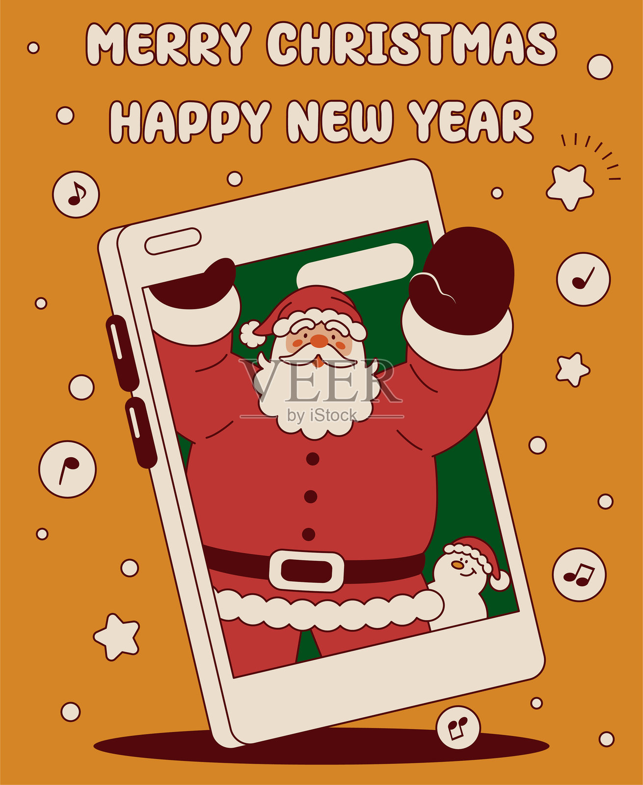 圣诞老人从智能手机中跳出来,向您问好并祝您圣诞快乐,新年快乐。插画图片素材