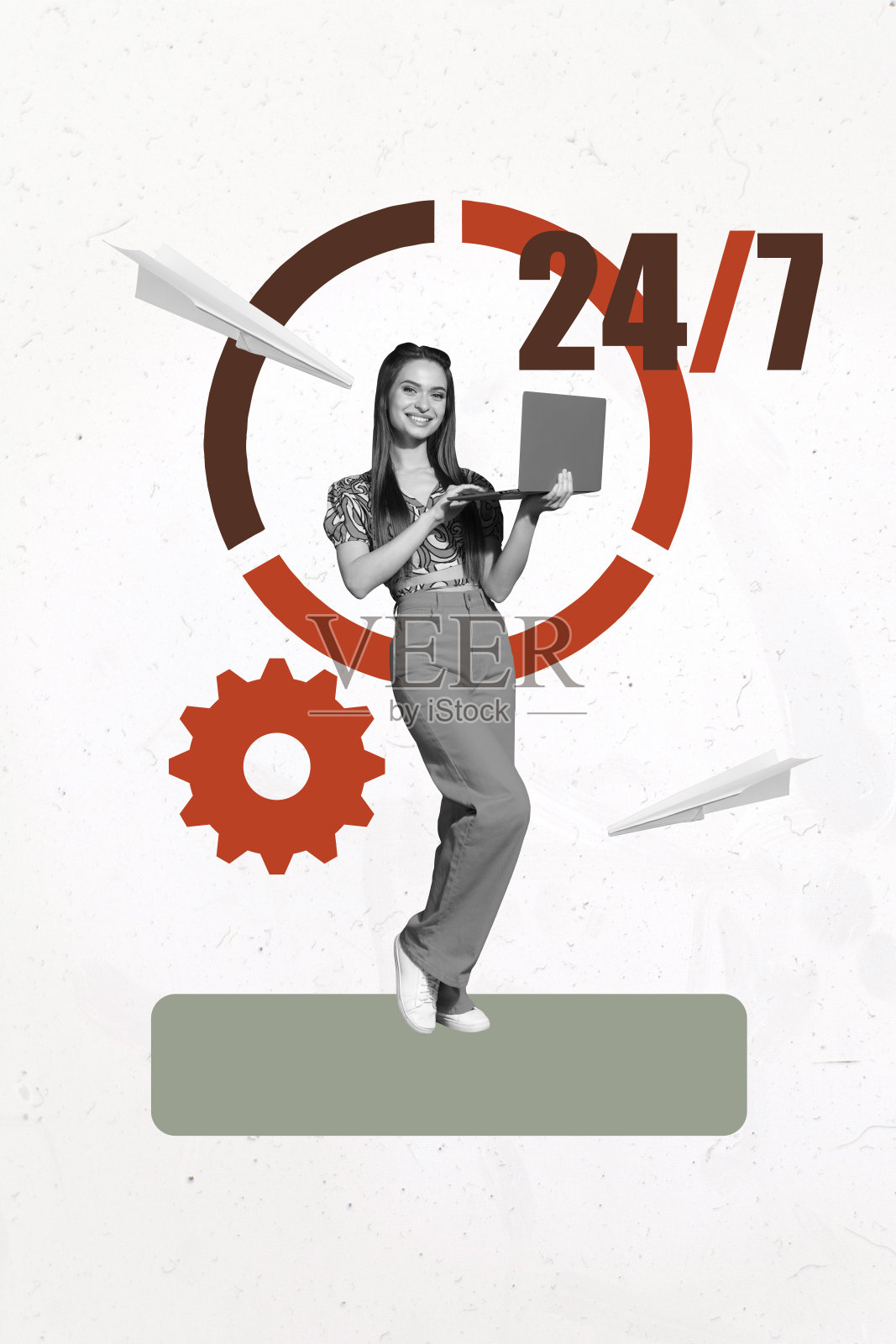 办公室经理的复合趋势艺术作品草图,展示年轻女性在工作场所使用笔记本电脑,提供24/7在线支持服务。照片摄影图片