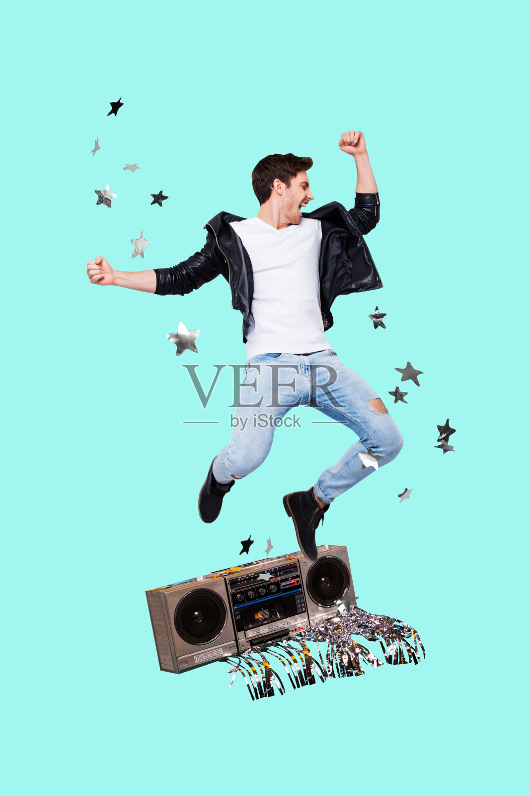 派对无忧无虑的复合趋势艺术作品草图拼贴,年轻男子兴奋地跳跃,享受音乐,复古迪斯科音响。照片摄影图片