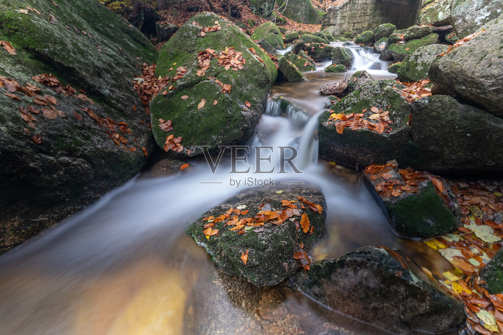 捷克共和国吉泽拉山脉秋季森林中的瀑布山溪,五彩斑斓的树叶。照片摄影图片