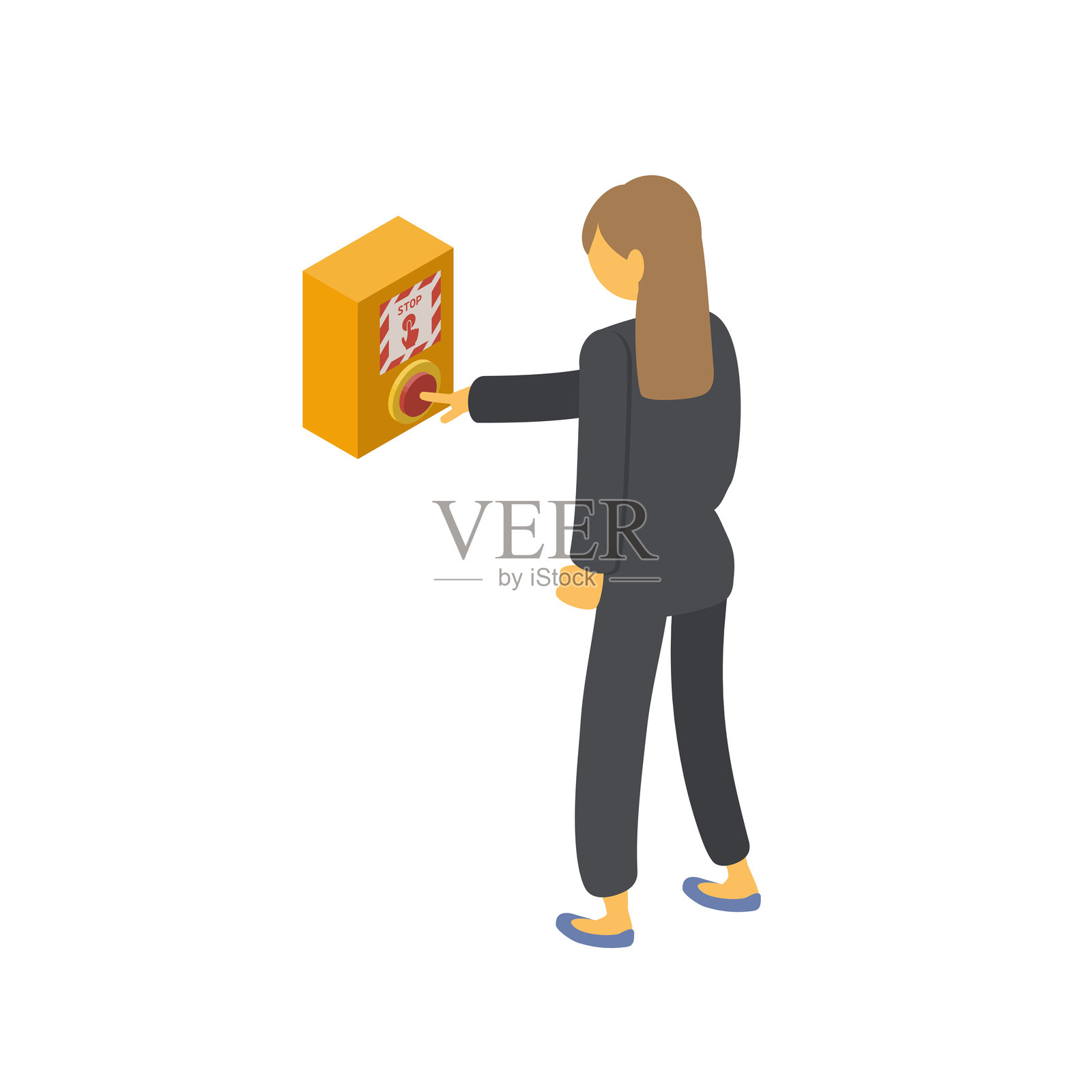 一位穿着西装的女性在站台上按下紧急停止按钮的插图。等距材料2插画图片素材