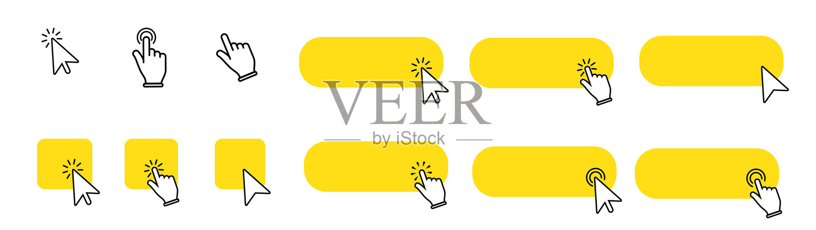 一组带有点击手或箭头指针图标的黄色按钮,包含“点击这里”的矢量模板。非常适合网页和数字界面。矢量插图。插画图片素材